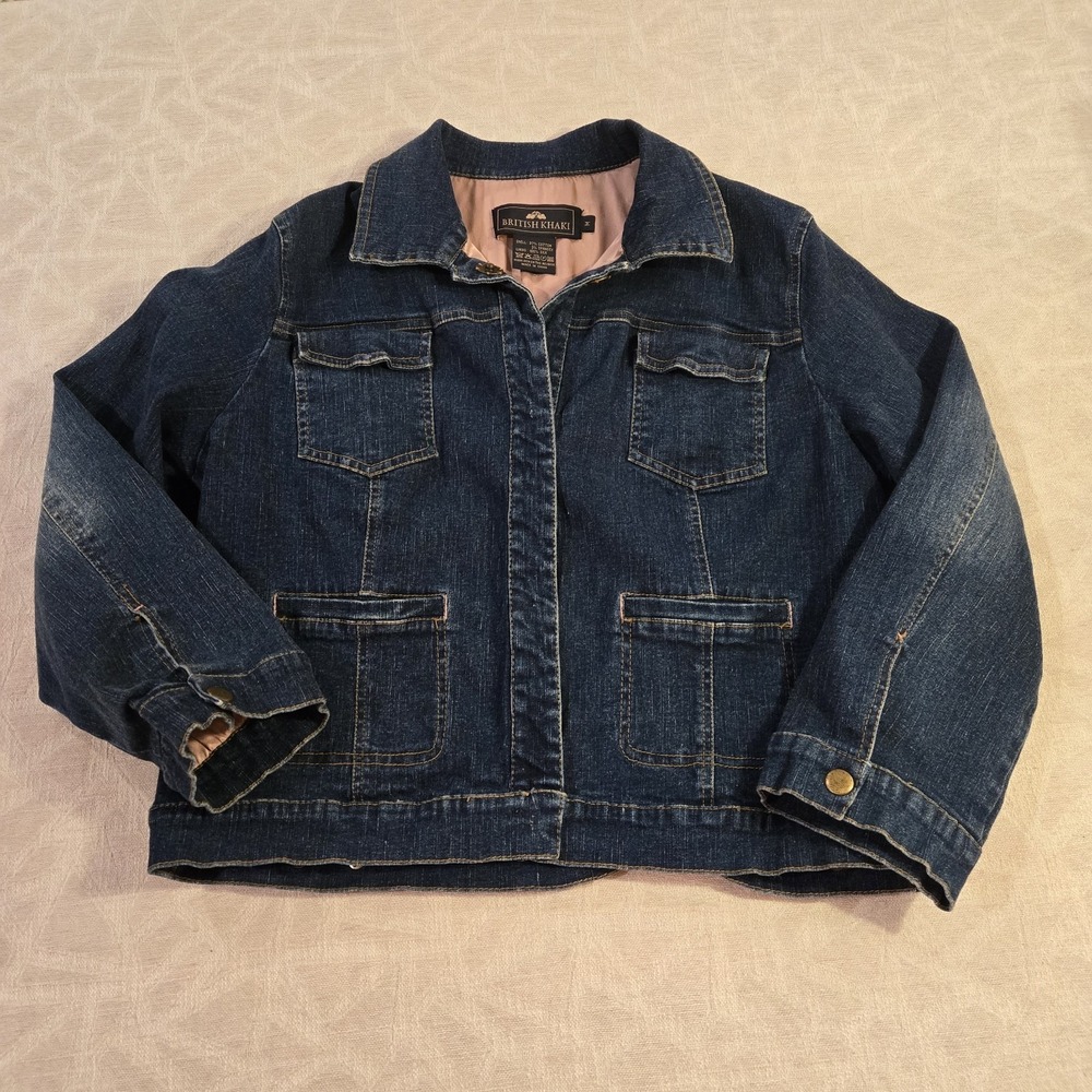 British Khakis Women's M Denim Trucker‎ Snap Front Jean Jacket Silk Line Vtg Y2K